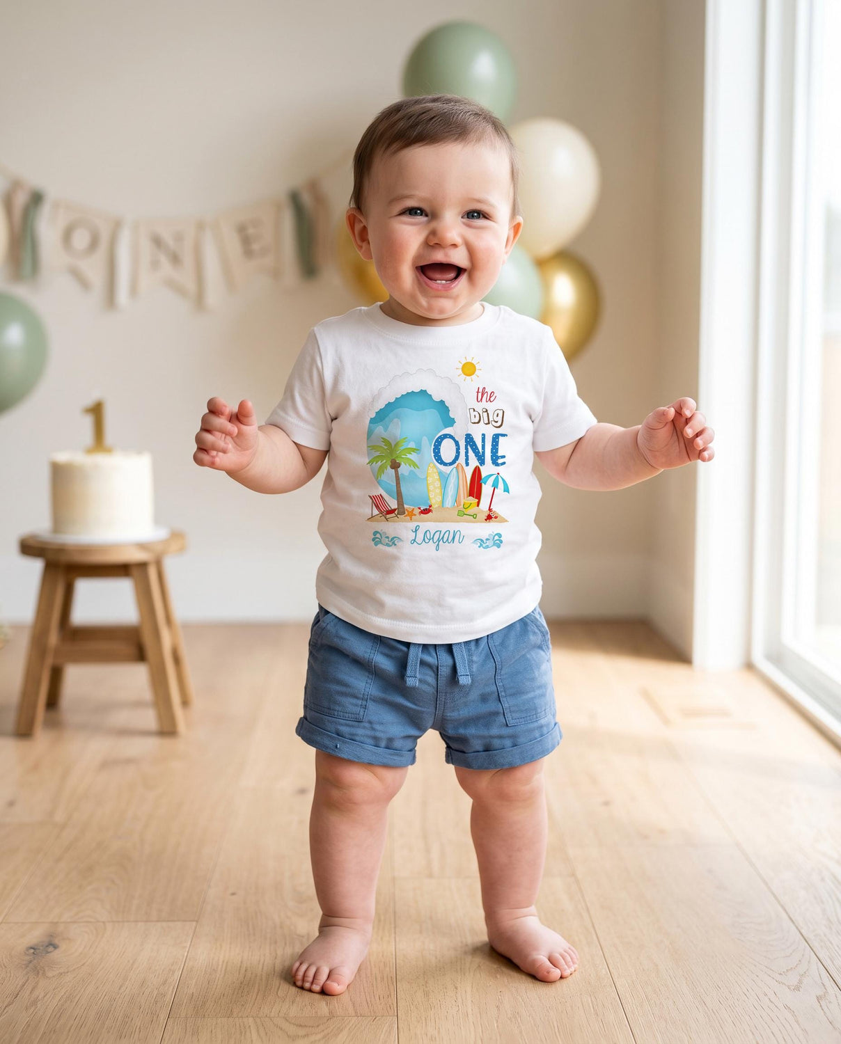 personalized The Big One beach wave surfer 1st birthday bodysuit