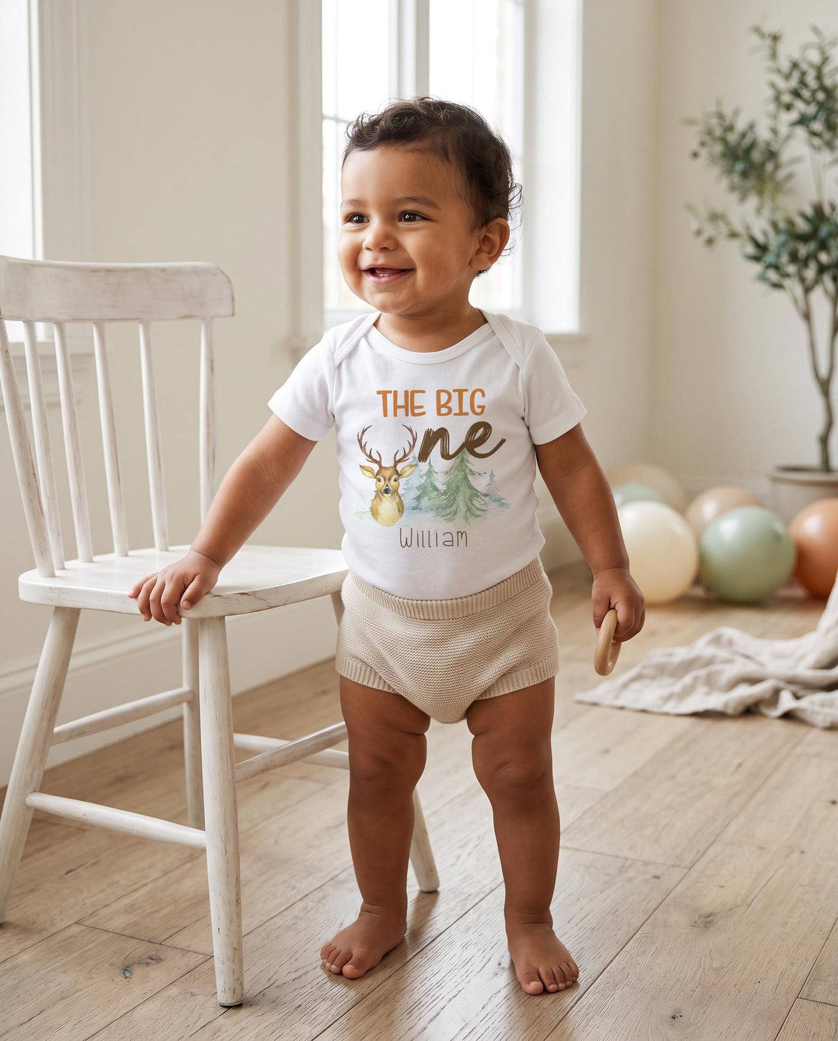 Personalized The Big One deer hunting 1st birthday bodysuit watercolor design