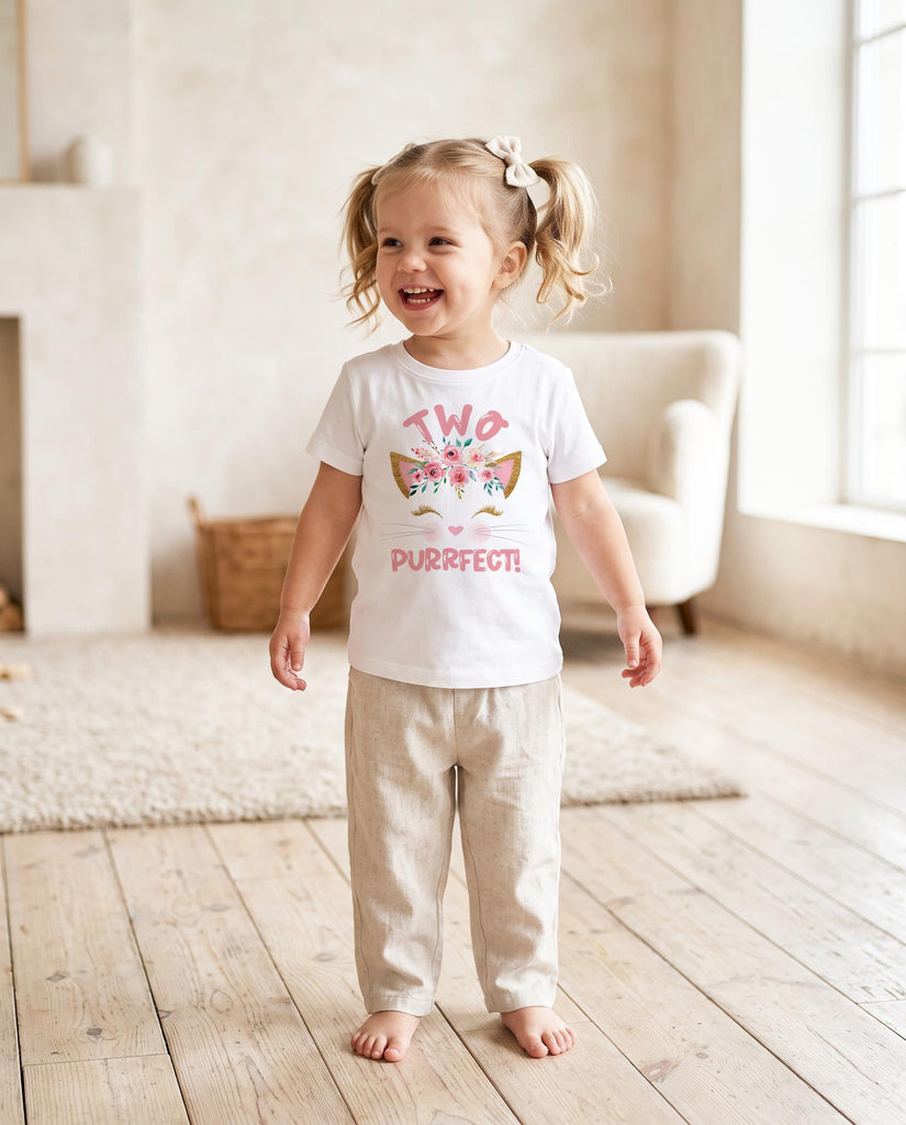 Two Purrfect kitten 2nd birthday shirt with floral crown for girl