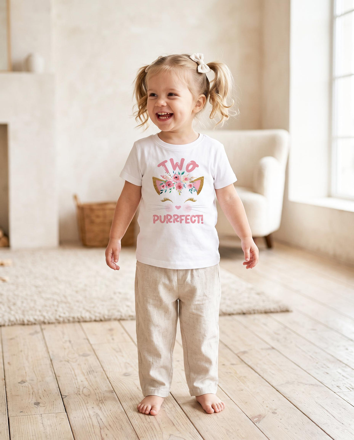 Two Purrfect kitten 2nd birthday shirt with floral crown for girl