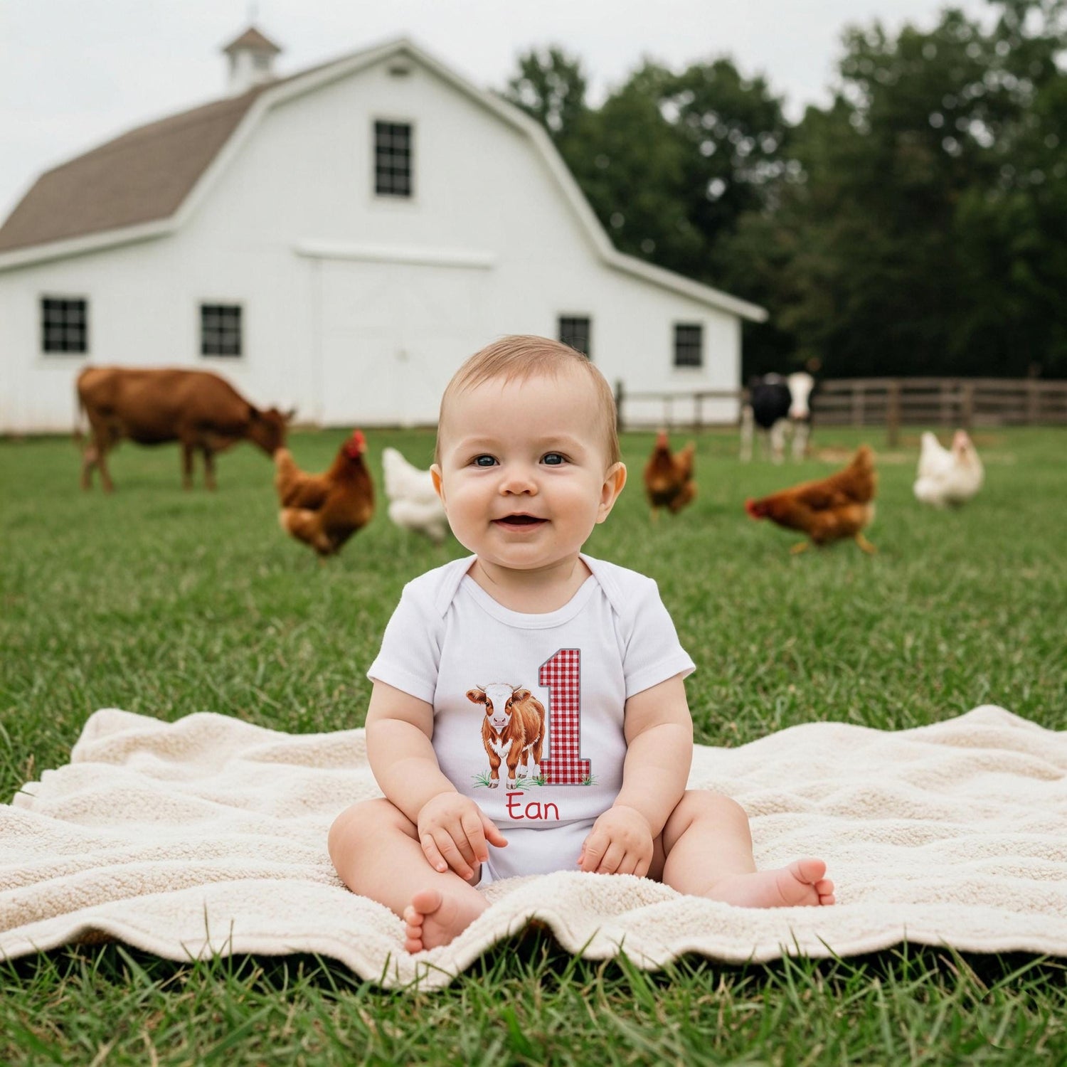 May include: A white short-sleeved baby bodysuit featuring a graphic of a brown calf standing next to a large red and white checkered number one. The name Ean is printed in red cursive script below the calf on the front of the garment.