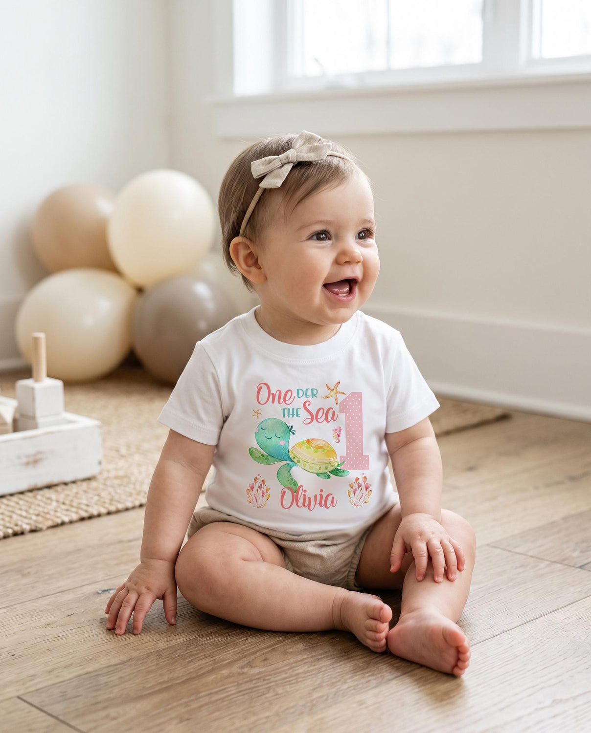 One-der the Sea turtle 1st birthday bodysuit with custom name