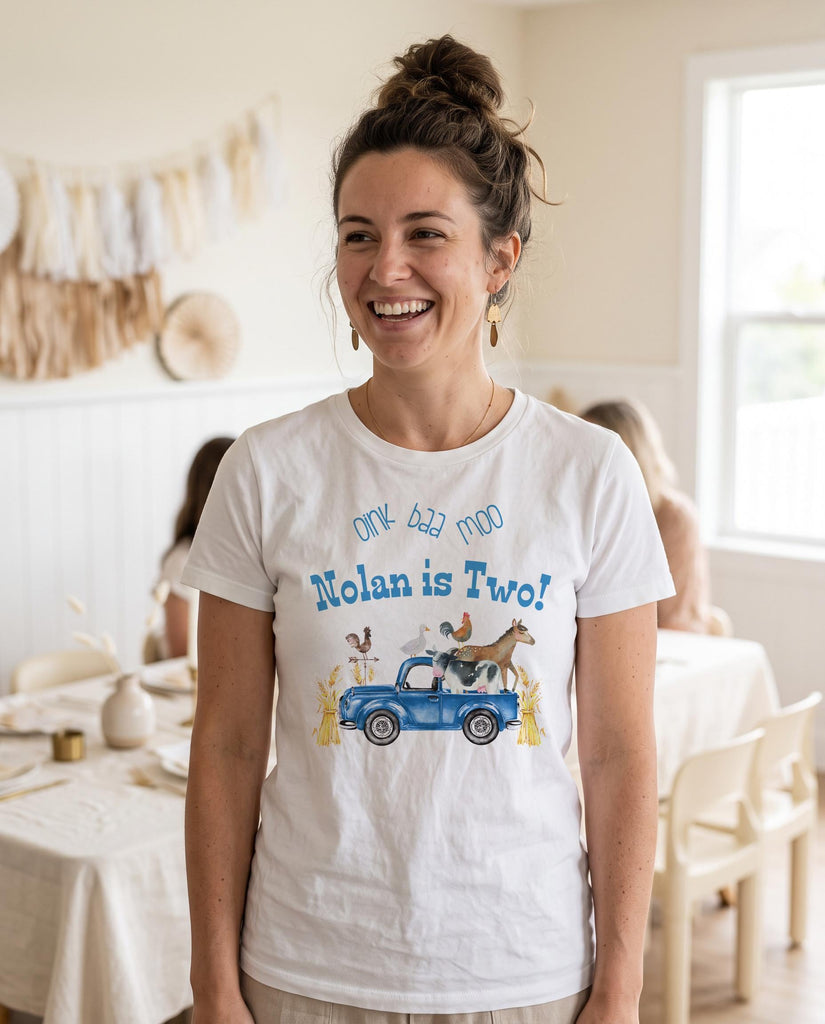 Second Birthday, Oink Baa Moo, Farm Birthday, Oink Moo Turning Two, 2nd Birthday, Blue Truck Party, Farm Party Theme, Boy Birthday SHIRT