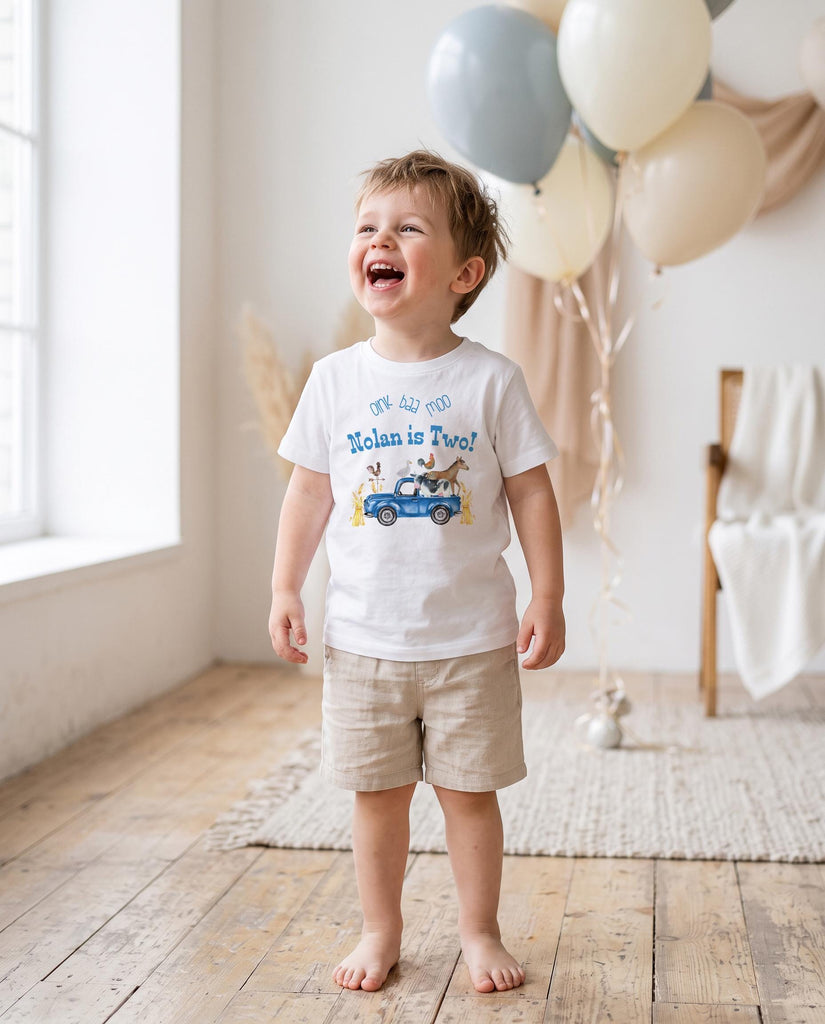 Second Birthday, Oink Baa Moo, Farm Birthday, Oink Moo Turning Two, 2nd Birthday, Blue Truck Party, Farm Party Theme, Boy Birthday SHIRT