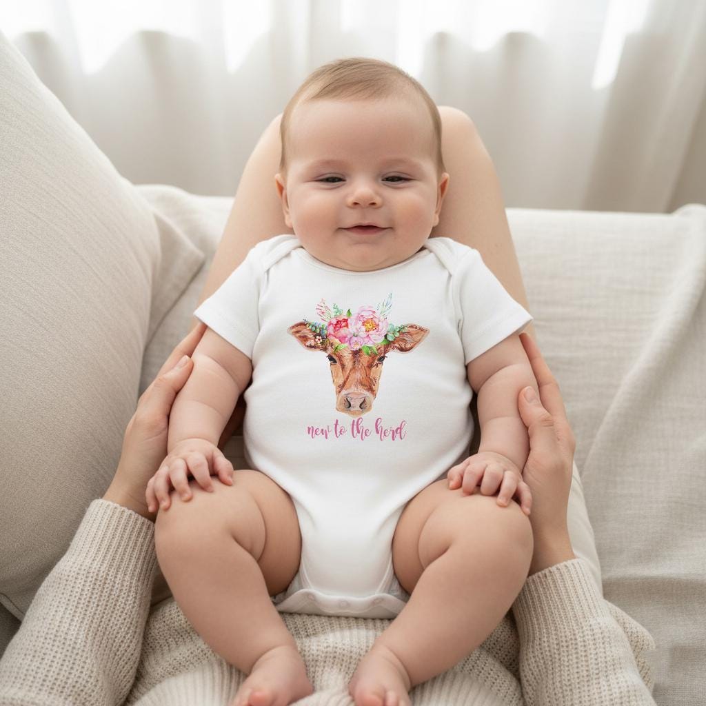 New to the Herd cowgirl cow bodysuit with floral crown for baby girl