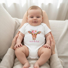 New to the Herd cowgirl cow bodysuit with floral crown for baby girl