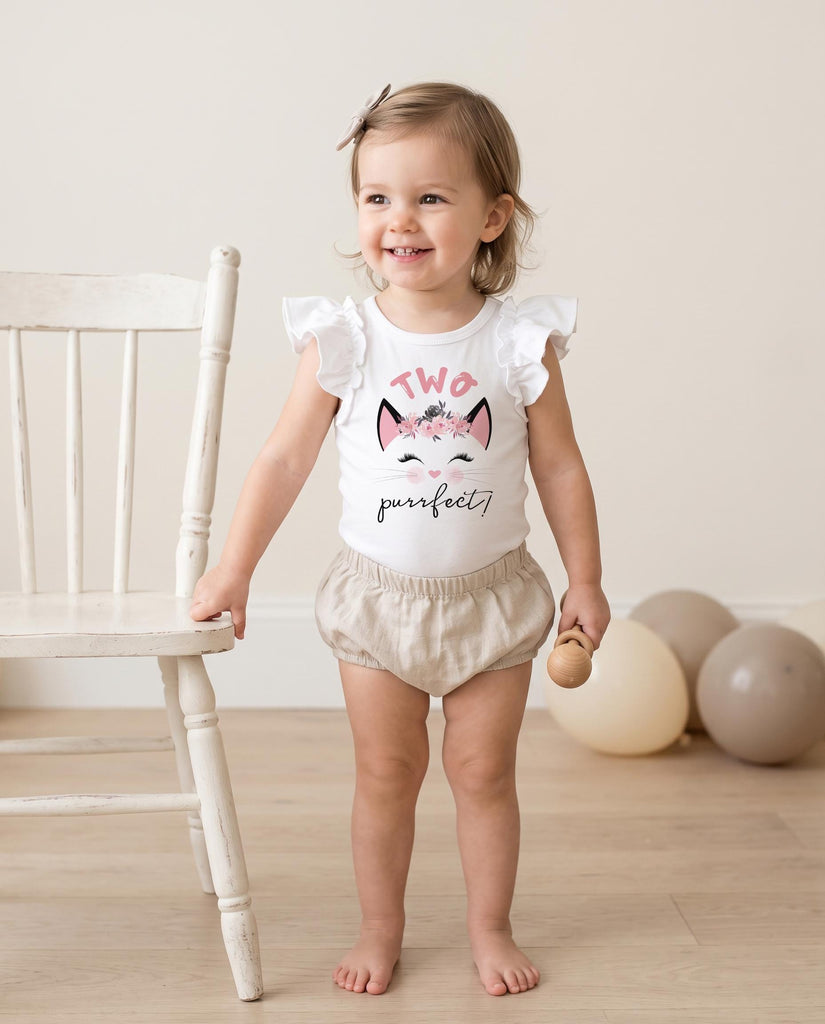 Two Purrfect flutter sleeve kitten second birthday bodysuit for girl with floral crown kitty
