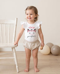 Two Purrfect flutter sleeve kitten second birthday bodysuit for girl with floral crown kitty