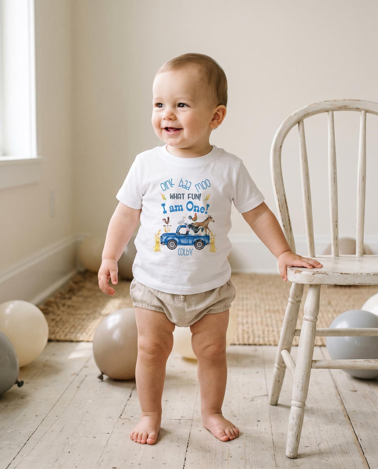 Blue Truck Party, First Birthday Onesie®, Oink Baa Moo, Little Truck Birthday, Oink Moo Turning ONE, 1st Birthday, Farm Party, Boy Birthday