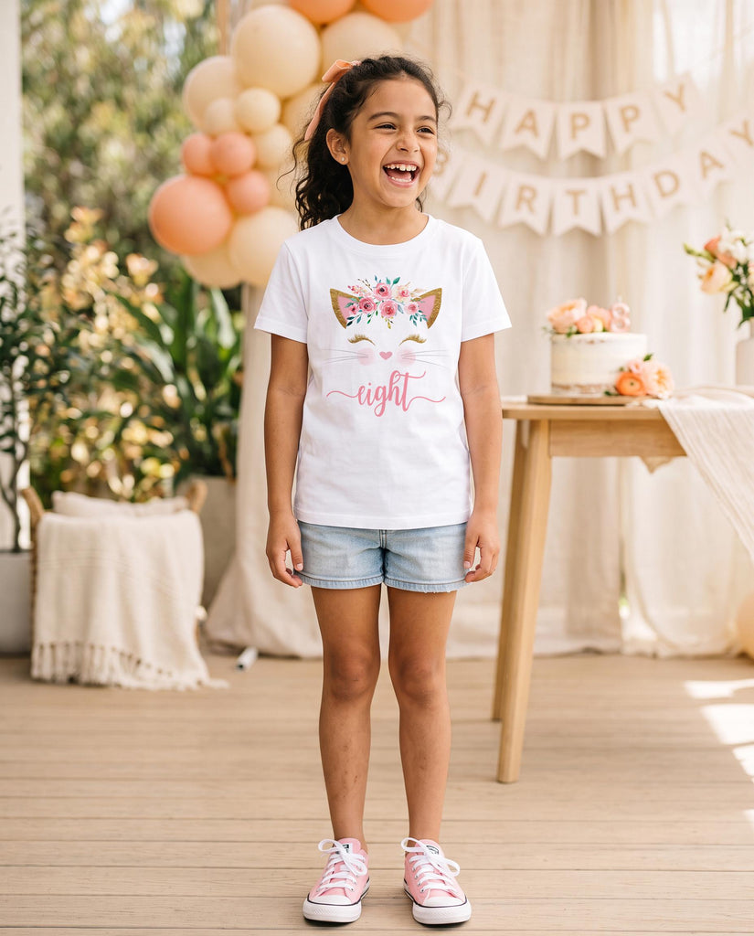 Kitten Floral Crown 8th Birthday Shirt | Girls Cat Party Tee