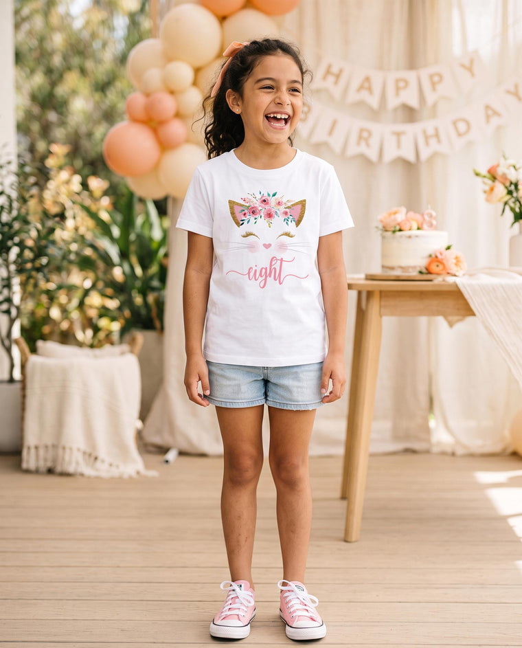 Kitten Floral Crown 8th Birthday Shirt | Girls Cat Party Tee