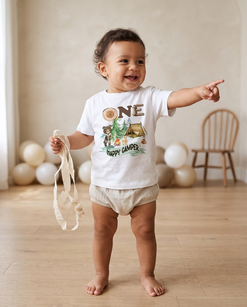 First Birthday Shirt, Camping Birthday, 1st Birthday, Camping Bear Party, Lumberjack Party, ONE HAPPY CAMPER, Wild One Birthday, Camp Party